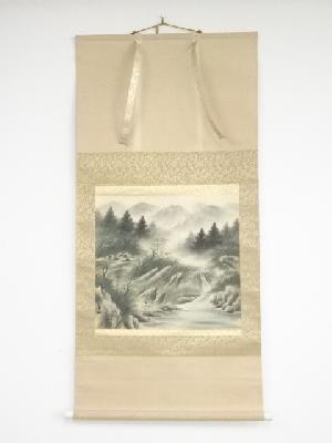 千石筆　彩色山水　肉筆絹本掛軸（共箱）